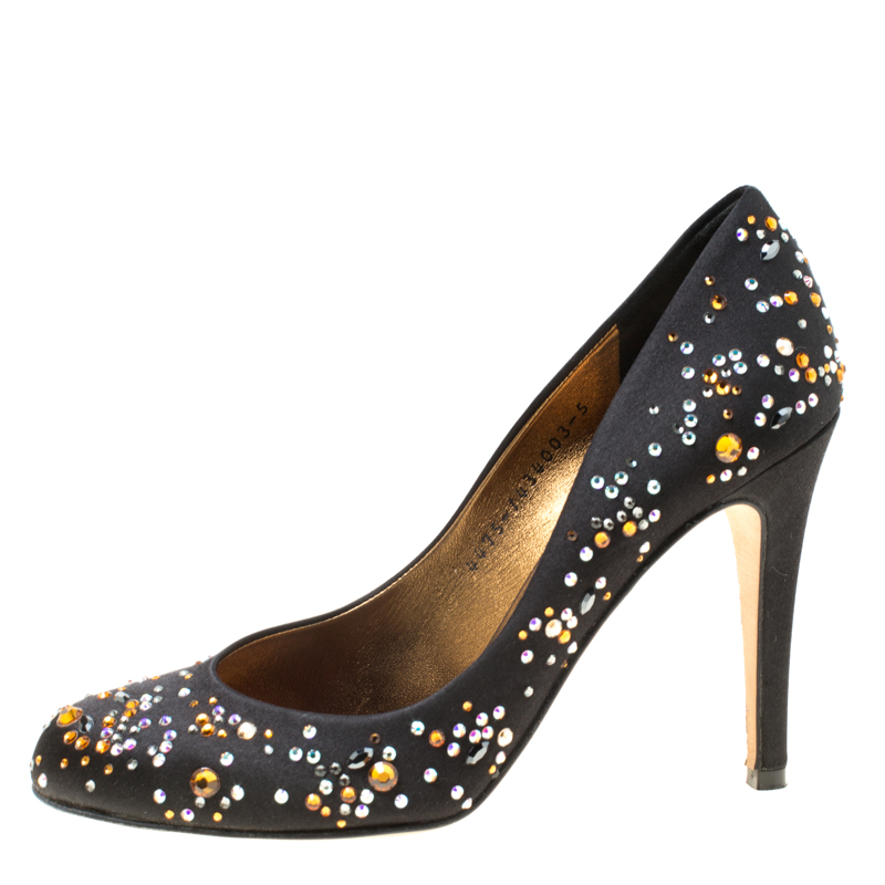 

Gina Black Crystal Studded Satin Pumps Size