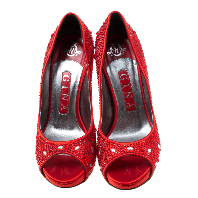 Pre-owned Gina Red Satin Crystal Embellished Peep Toe Platform Pumps Size 37
