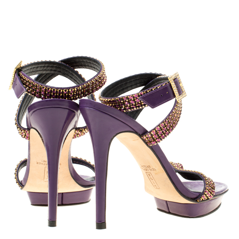 Pre-owned Gina Purple Crystal Embellished Leather Cross Ankle Strap Sandals Size 37
