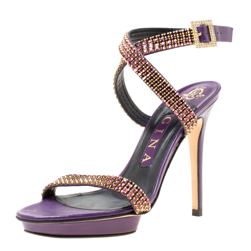

Gina Purple Crystal Embellished Leather Cross Ankle Strap Sandals Size