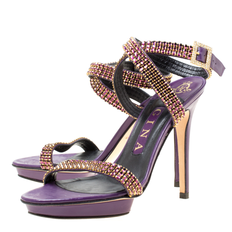 Pre-owned Gina Purple Crystal Embellished Leather Cross Ankle Strap Sandals Size 37