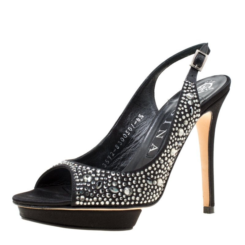 Pre Owned Gina Black Satin Crystal Embellished Platform Peep Toe Slingback Sandals Size 37.5