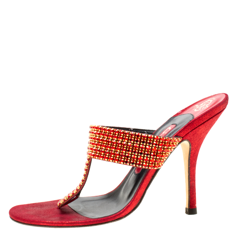 

Gina Red Leather Crystal Embellished Thong Sandals Size