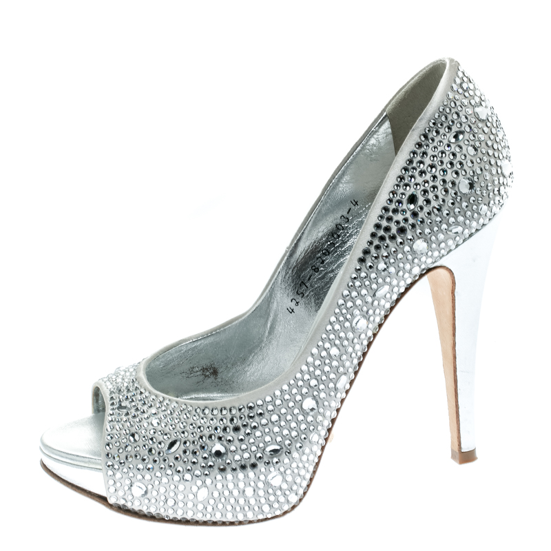 

Gina Light Grey Satin Crystal Embellished Peep Toe Platform Pumps Size