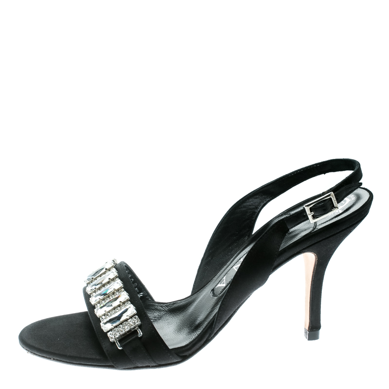 Gina Black Satin Crystal Embellished Slingback Sandals Size