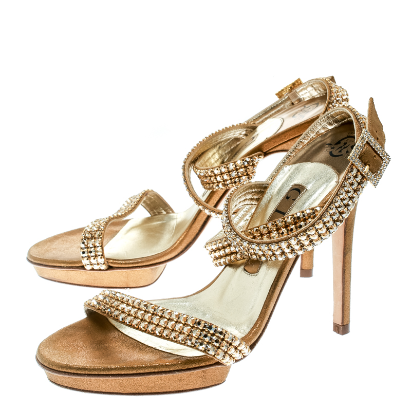Pre-owned Gina Metallic Gold Suede Crystal Embellished Cross Ankle Strap Sandals Size 37