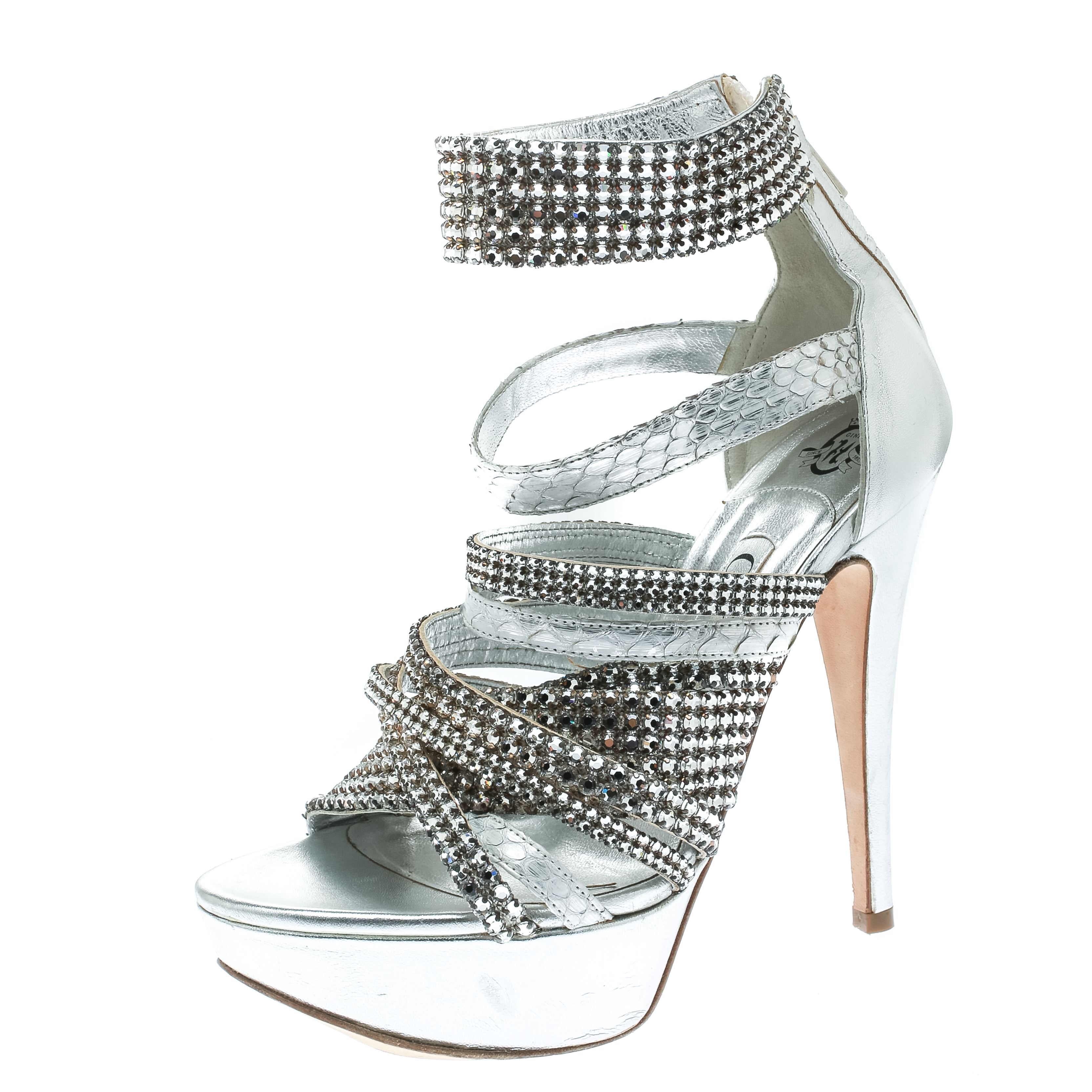 

Gina Silver Crystal Embellished Leather and Python Strappy Platform Sandals Size