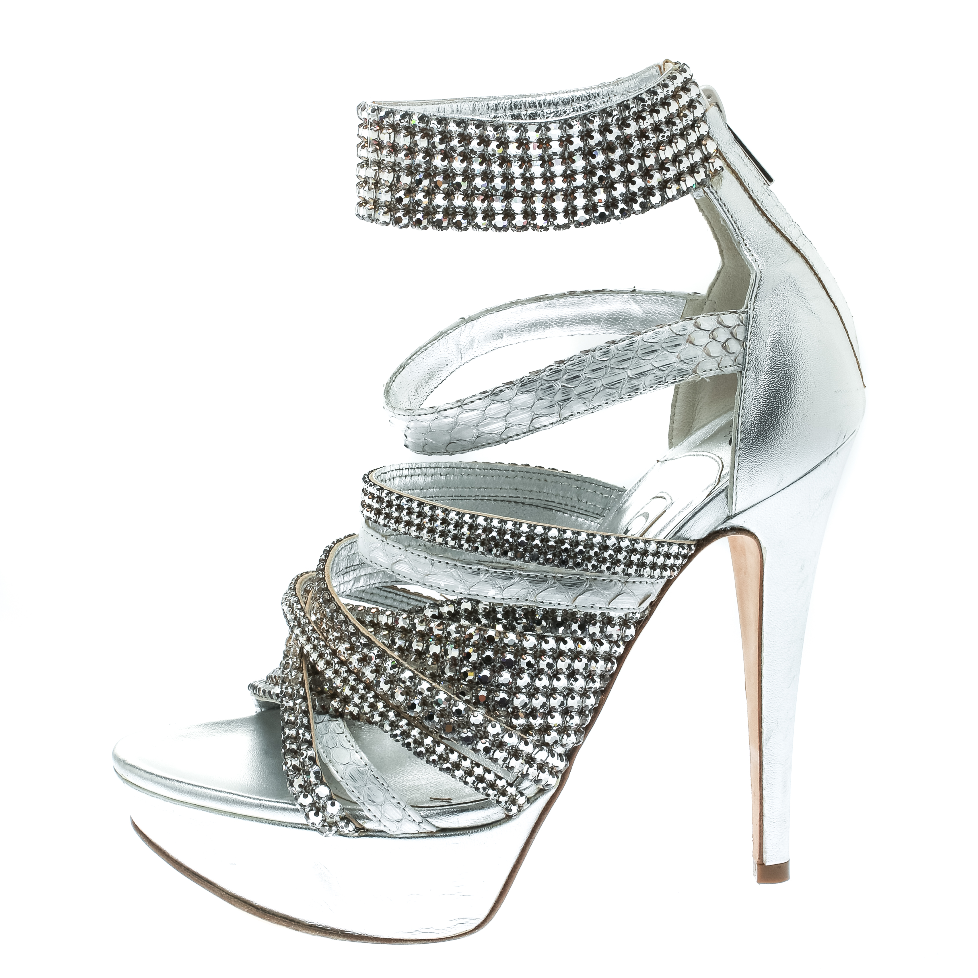 Pre-owned Gina Silver Crystal Embellished Leather And Python Strappy Platform Sandals Size 37