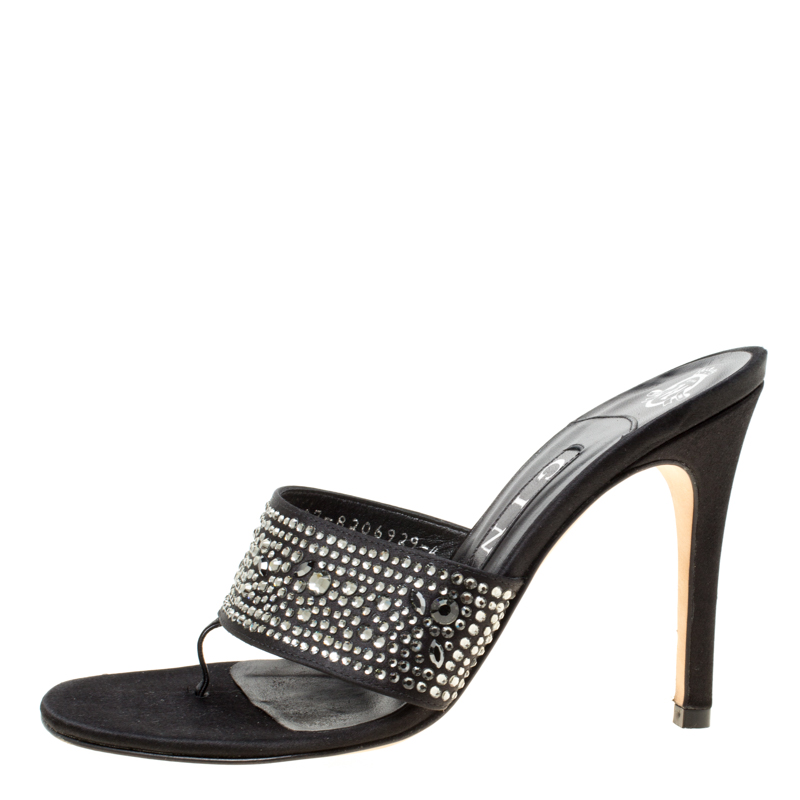 

Gina Black Crystal Embellished Satin Sandals Size