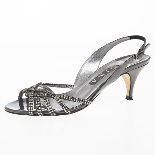 Pre Owned Gina Black Crystal Slingback Sandals Size 38.5