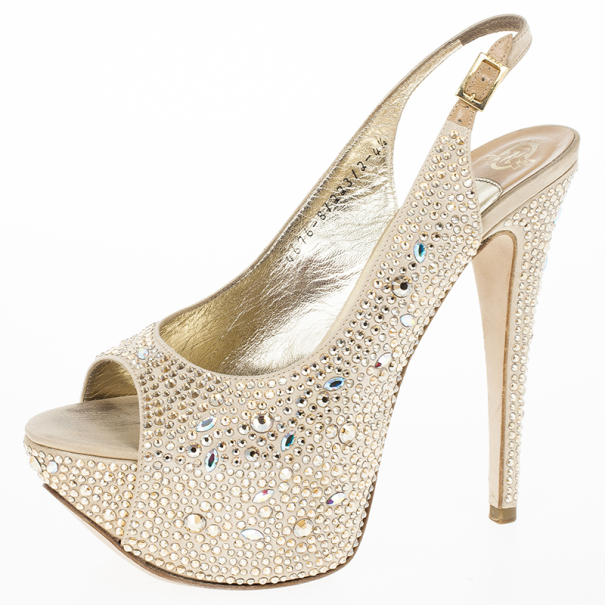 مملوكة مسبقًا Gina Camel Satin Sion Swarovski Slingback Sandals Size 37.5