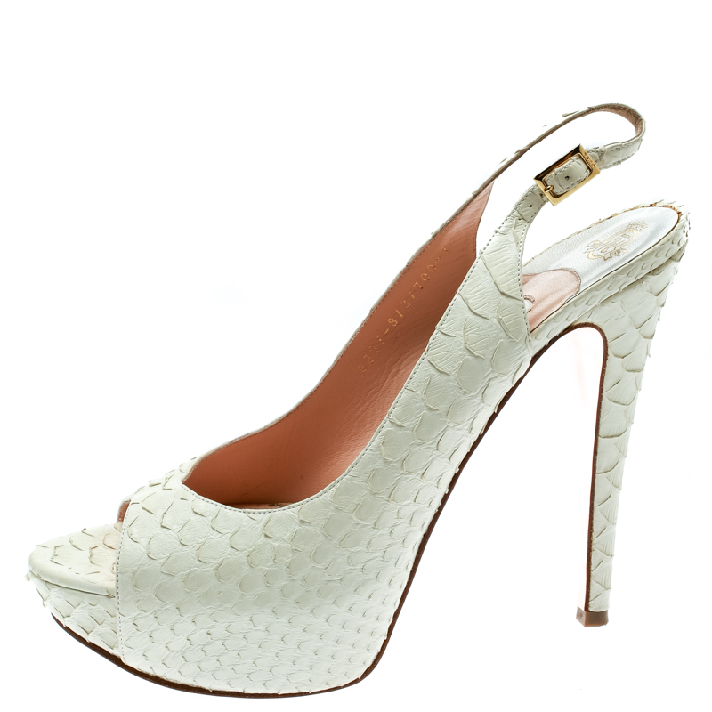 

Gina White Python Embossed Leather Peep Toe Platform Slingback Sandals Size