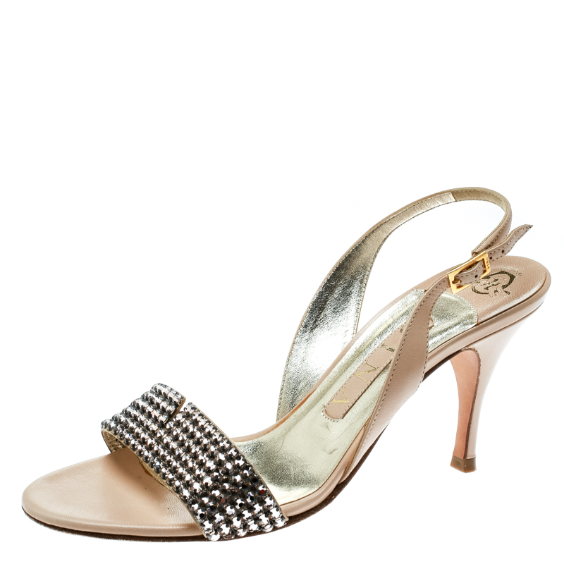 Pre Owned صندل جينا فتحة كعب مزخرف كريستال بيج مقاس 37.5