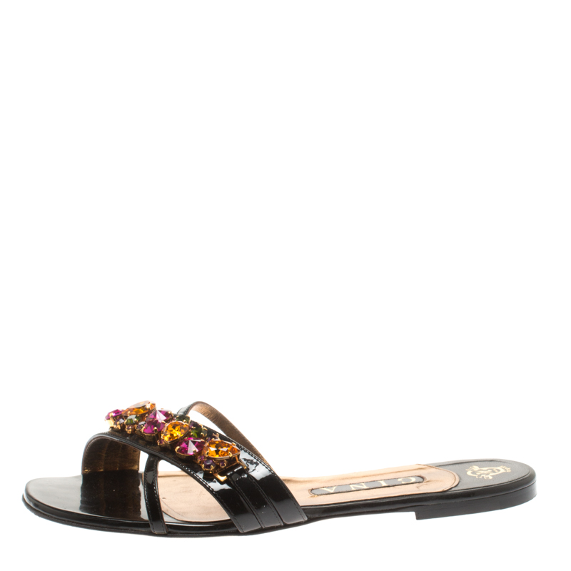 

Gina Black Patent Leather Crystal Embellished Flat Slides Size 39.5