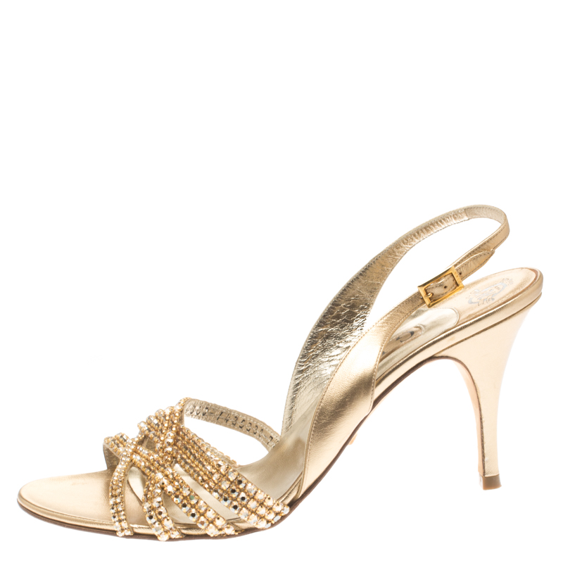 

Gina Metallic Gold Leather Crystal Embellished Slingback Sandals Size