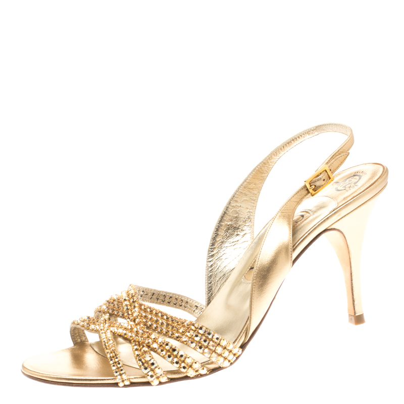 Gina Metallic Gold Leather Crystal Embellished Slingback Sandals Size ...