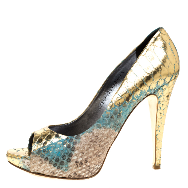 

Gina Multicolor Python Leather Peep Toe Platform Pumps Size