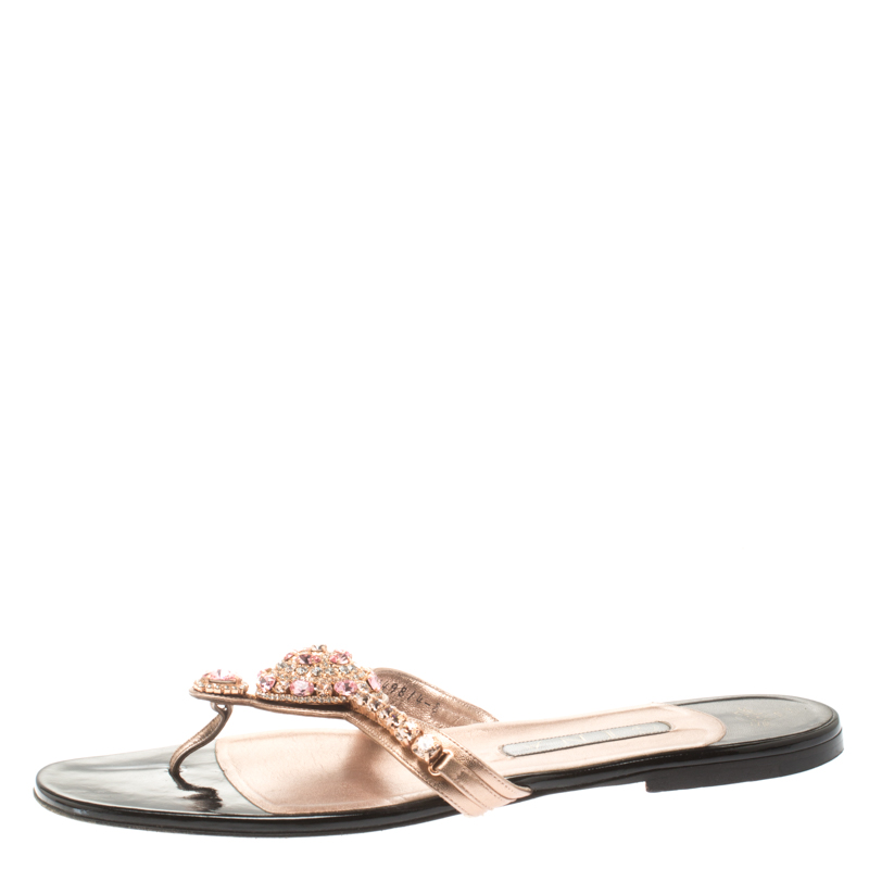 

Gina Metallic Rose Gold Crystal Embellished Thong Flat Slides Size