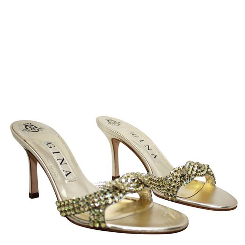 

Gina Gold Multicolored Swarovski Strap Stiletto Sandals Size