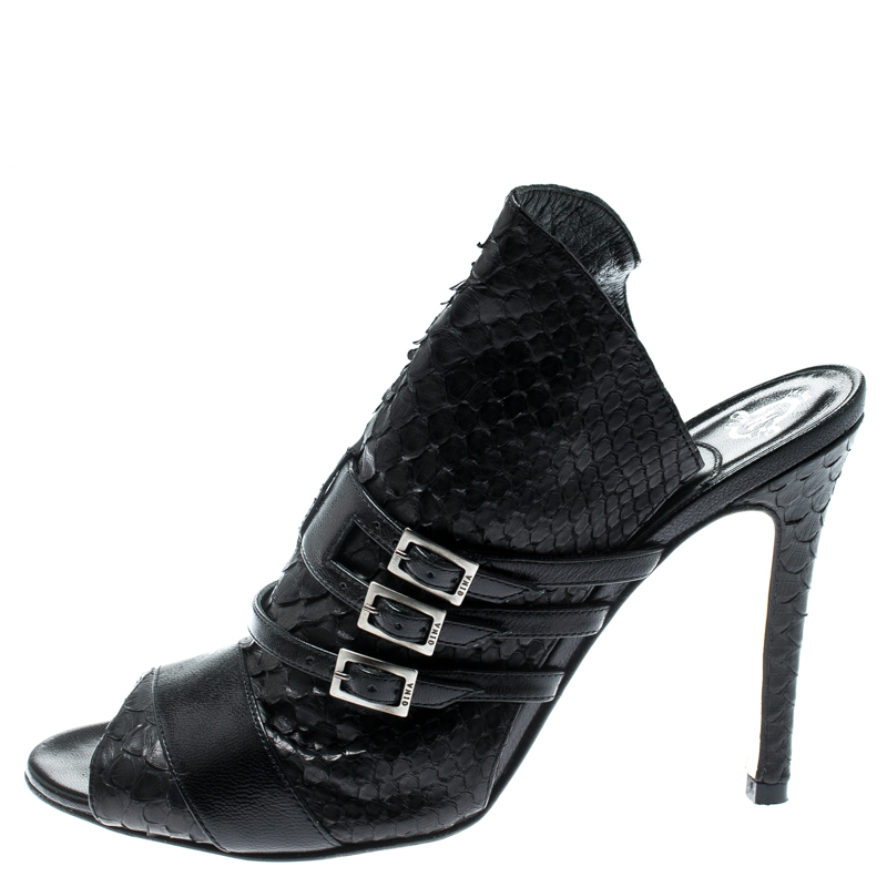 

Gina Black Python And Leather Peep Toe Buckle Detail Mules Size