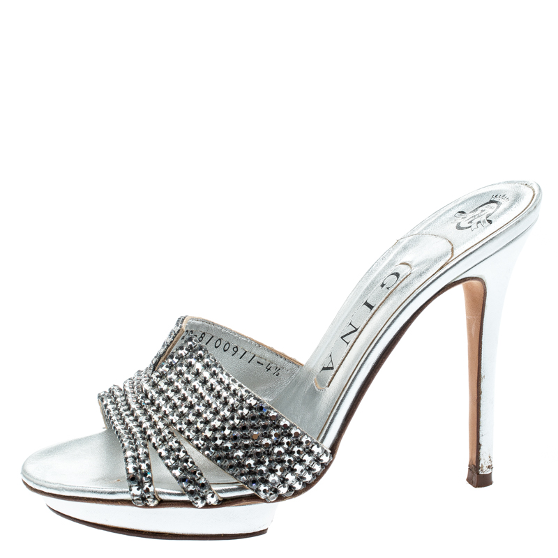 

Gina Silver Crystal Embellished Leather Platform Sandals Size