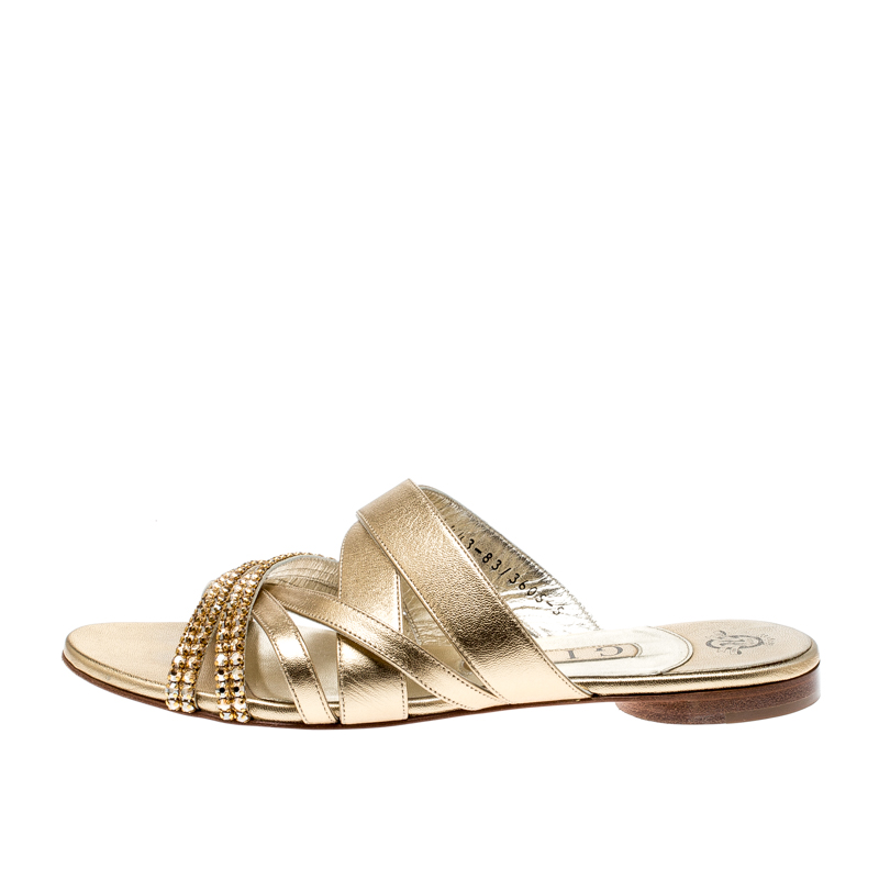 

Gina Metallic Gold Leather Embellished Flat Sandals Size
