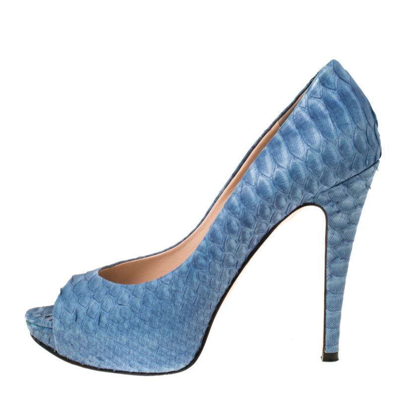 

Gina Blue Python Leather Peep Toe Platform Pumps Size