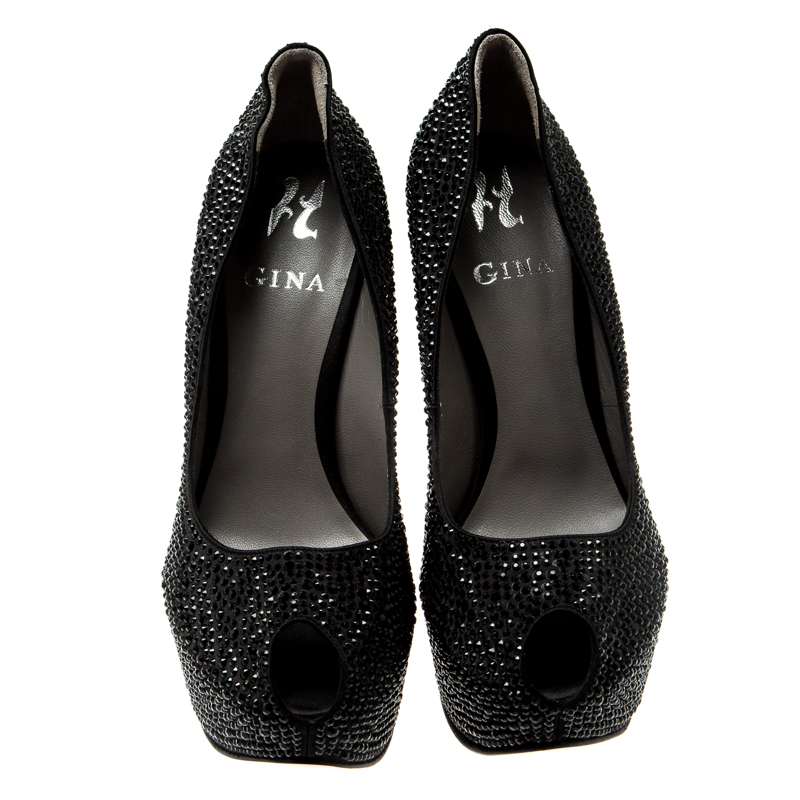 Pre-owned Gina Black Crystal Embellished Peep Toe Platform Pumps Size 39
