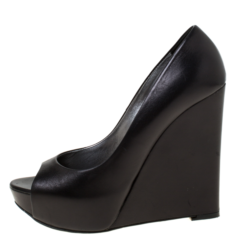 

Gina Black Leather Peep Toe Wedge Platform Pumps Size