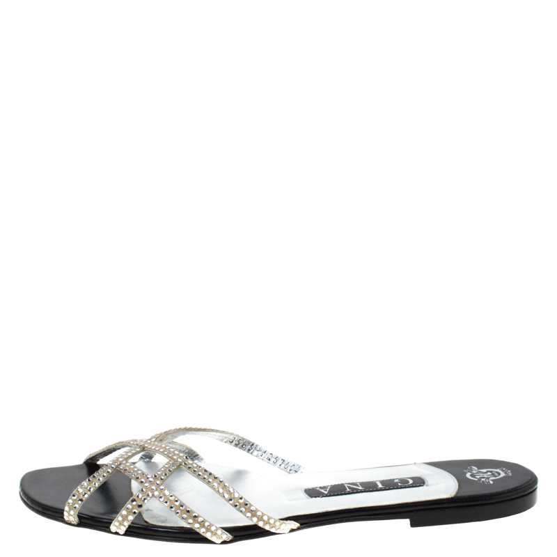 

Gina Metallic Silver Crystal Embellished Flat Slides Size