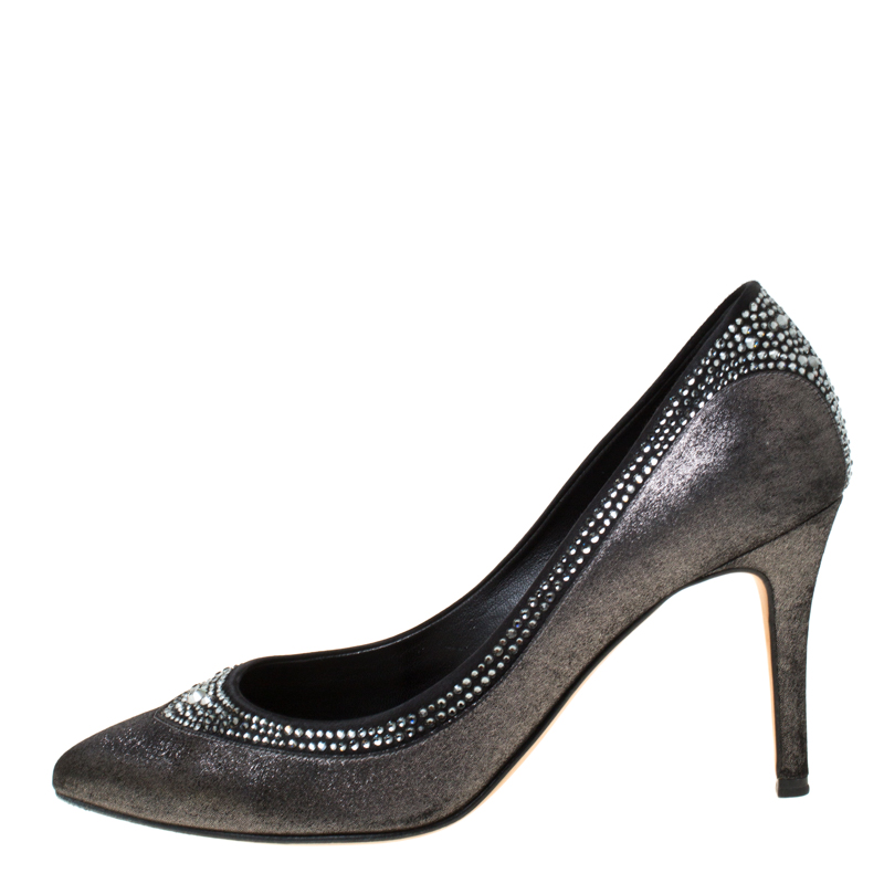 Pre-owned Gina Crystal Embellished Textured Fabric Pointed Toe Pumps Size 37 In Black