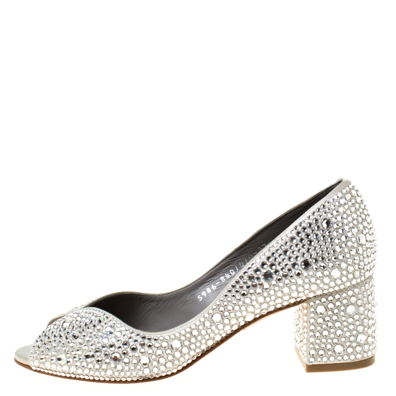 

Gina Light Grey Satin Crystal Embellished Peep Toe Pumps Size