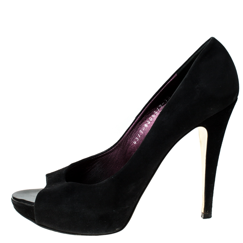 

Gina Black Suede Peep Toe Platform Pumps Size