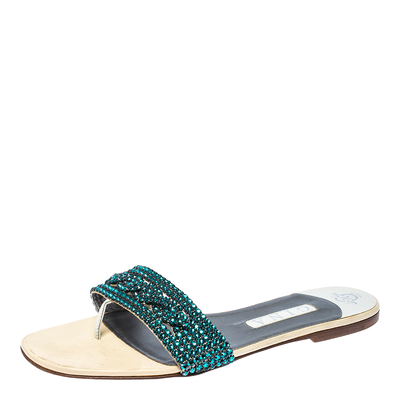 Gina Blue Crystal Embellished Leather Flat Sandals Size 41 Gina | TLC