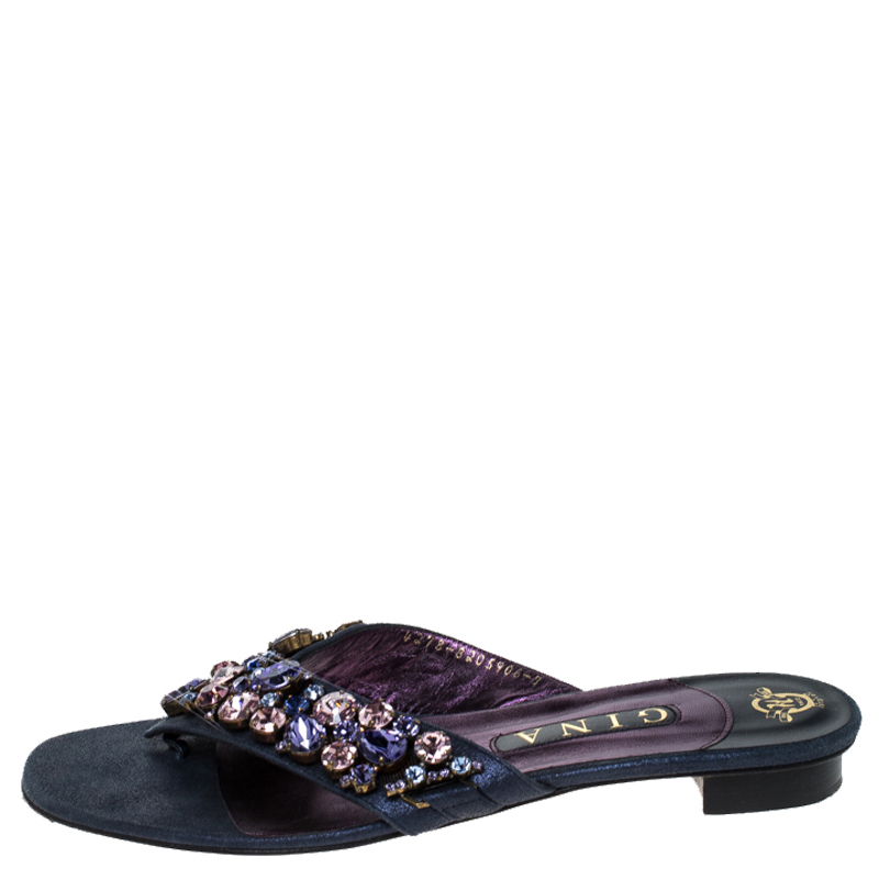 

Gina Metallic Blue Nubuck Crystal Emebllished Thong Flat Sandals Size