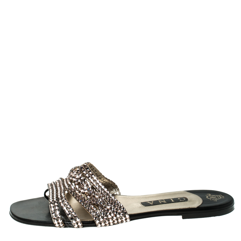 

Gina Metallic Gold Crystal Embellished Loren Flat Sandals Size