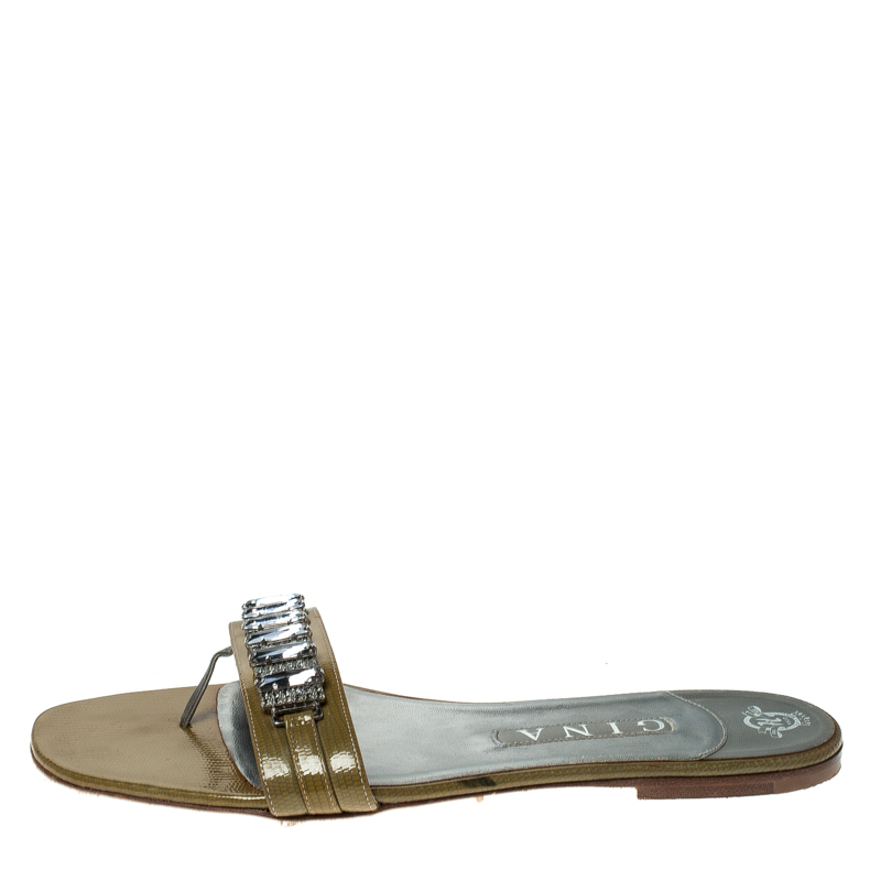 

Gina Beige Patent Leather Crystal Embellished Slip On Flat Slides Size