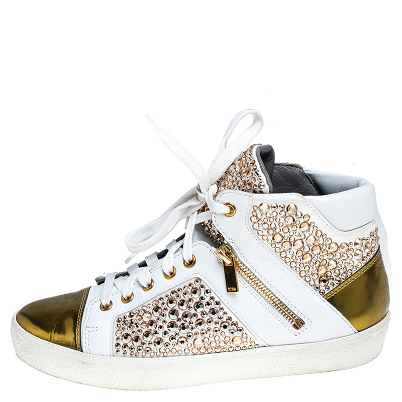 

Gina White/Gold Leather And Satin Crystal Embellished High Top Sneakers Size