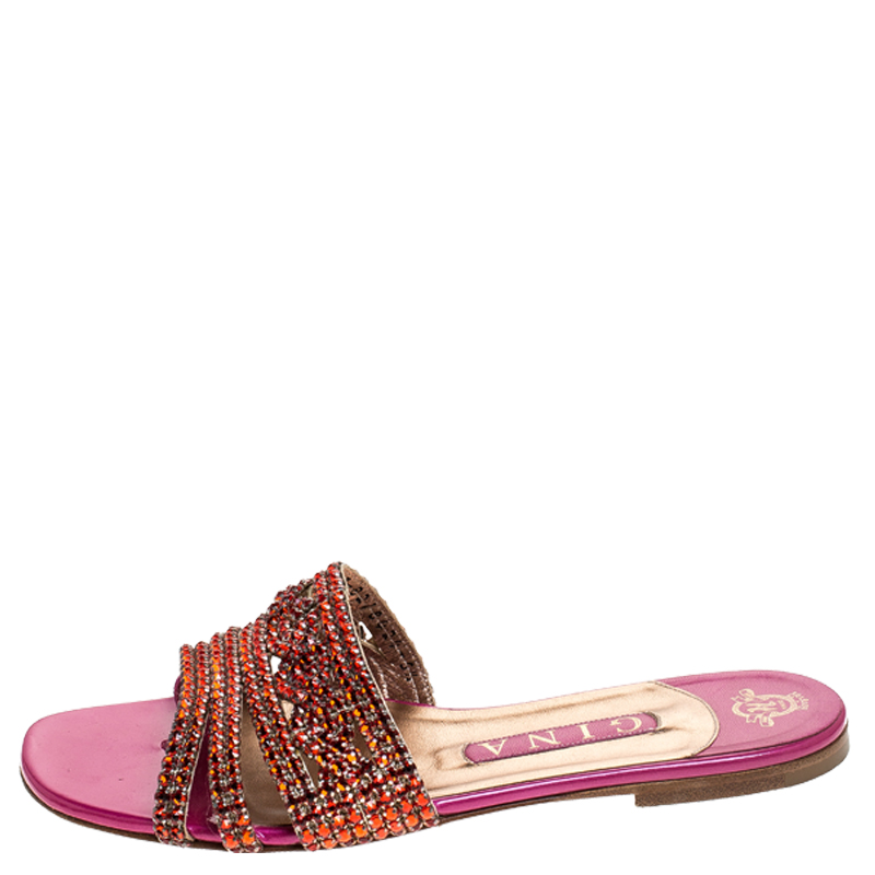 

Gina Red/Pink Crystal Embellished Leather Flat Slides Size