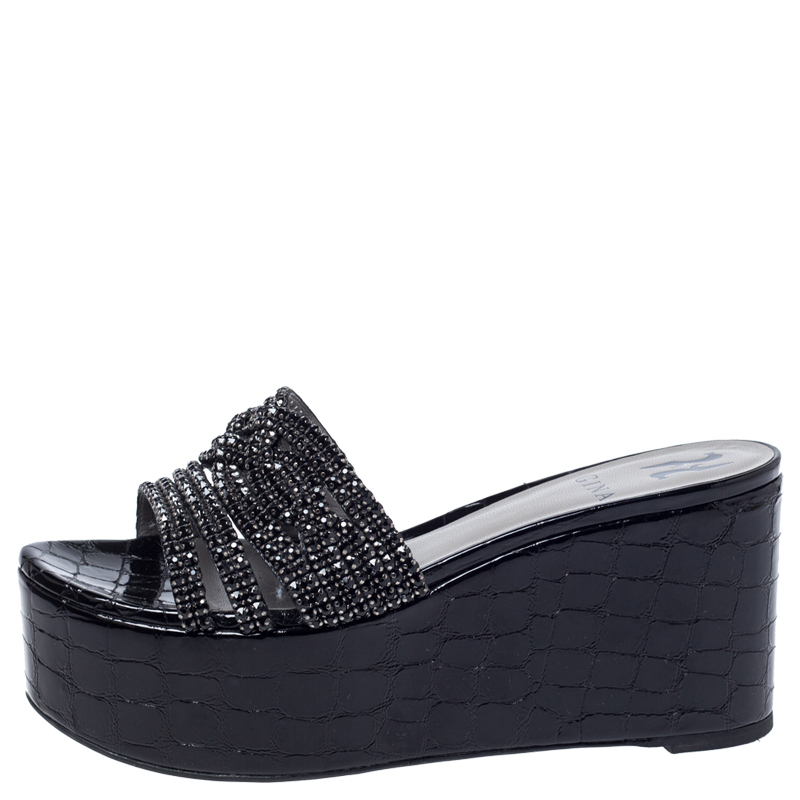 

Gina Black Croc Embossed Leather Embellished Wedge Platform Sandals Size