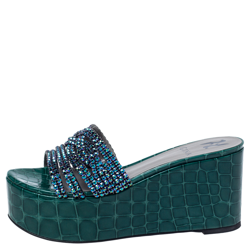 Gina Green Croc Embossed Leather Embellished Wedge Platform Sandals ...