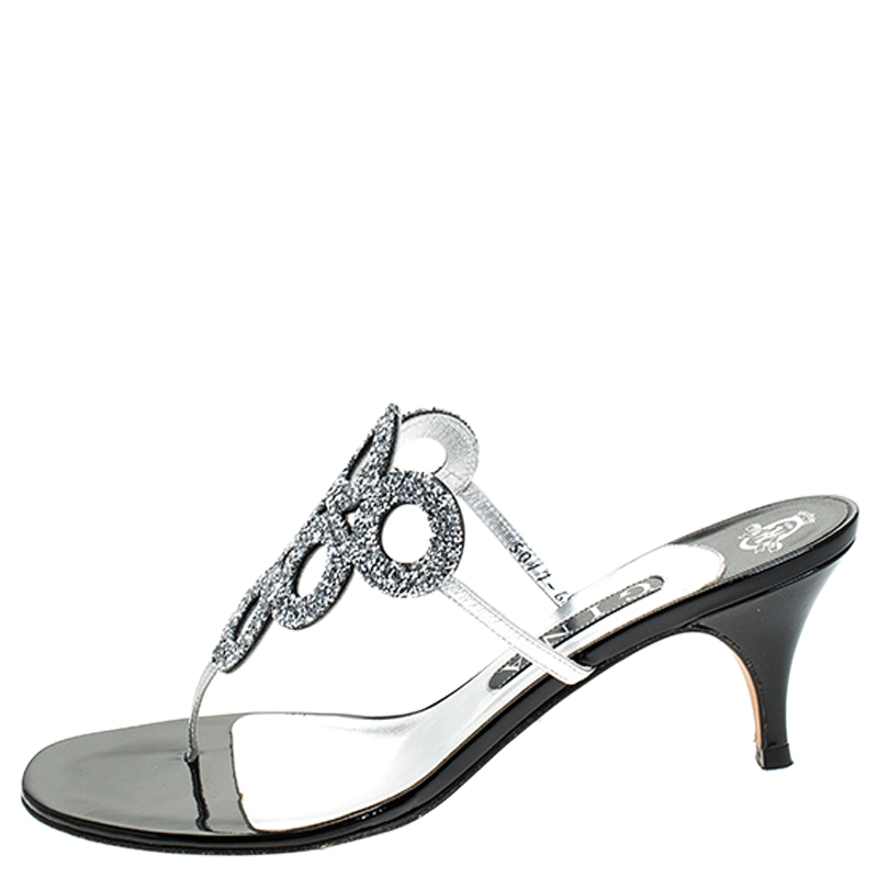 

Gina Metallic Silver Crystal Embellished Leather Thong Sandals Size