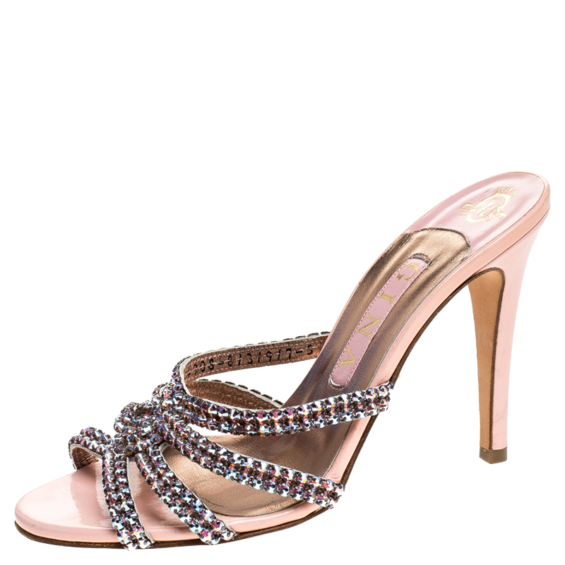 Pre Owned Gina Pink Patent Leather Crystal Embellished Jarrah Sandals Size 38