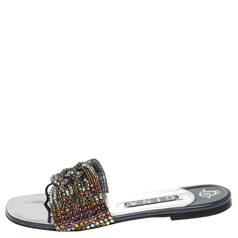 

Gina Grey Crystal Embellished Leather Flat Slides Size