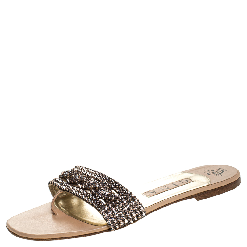 Gina Metallic Bronze Crystal Embellished Leather Thong Flat Slides Size ...