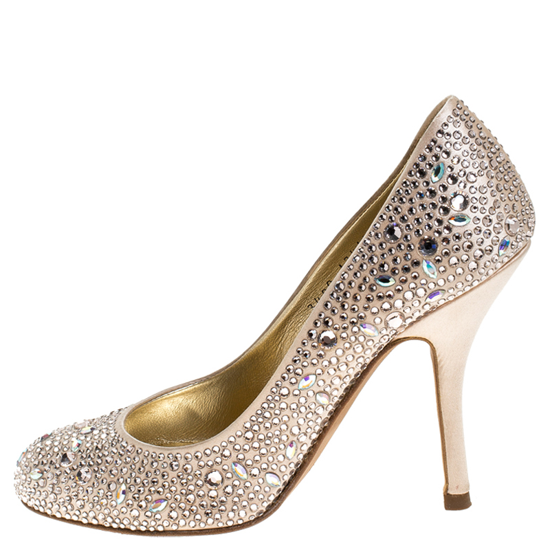 

Gina Beige Crystal Embellished Satin Pumps Size