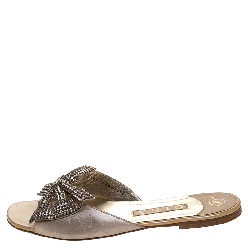 

Gina Beige Leather Crystal Embellished Bow Slip On Slides Size