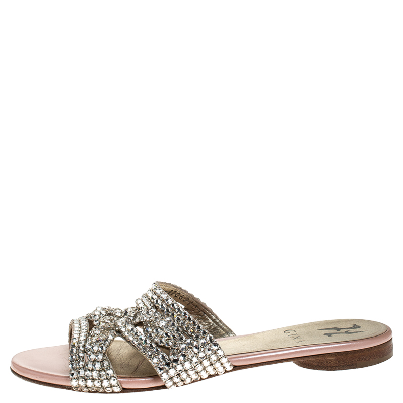 

Gina Pink Crystal Embellished Leather Flat Slides Size, Silver