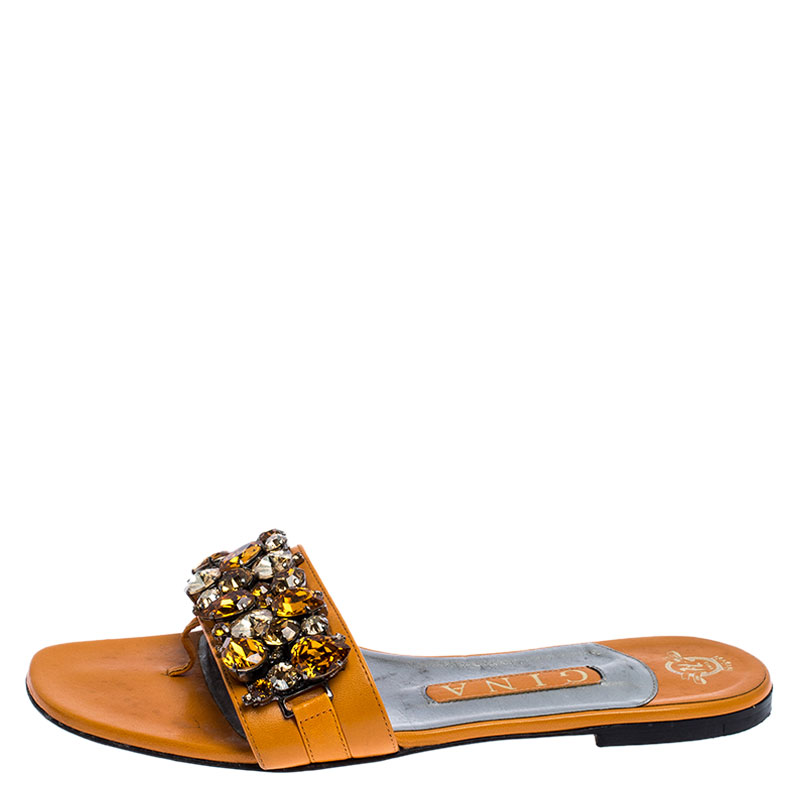 

Gina Orange Crystal Embellished Leather Slip On Flat Slides Size