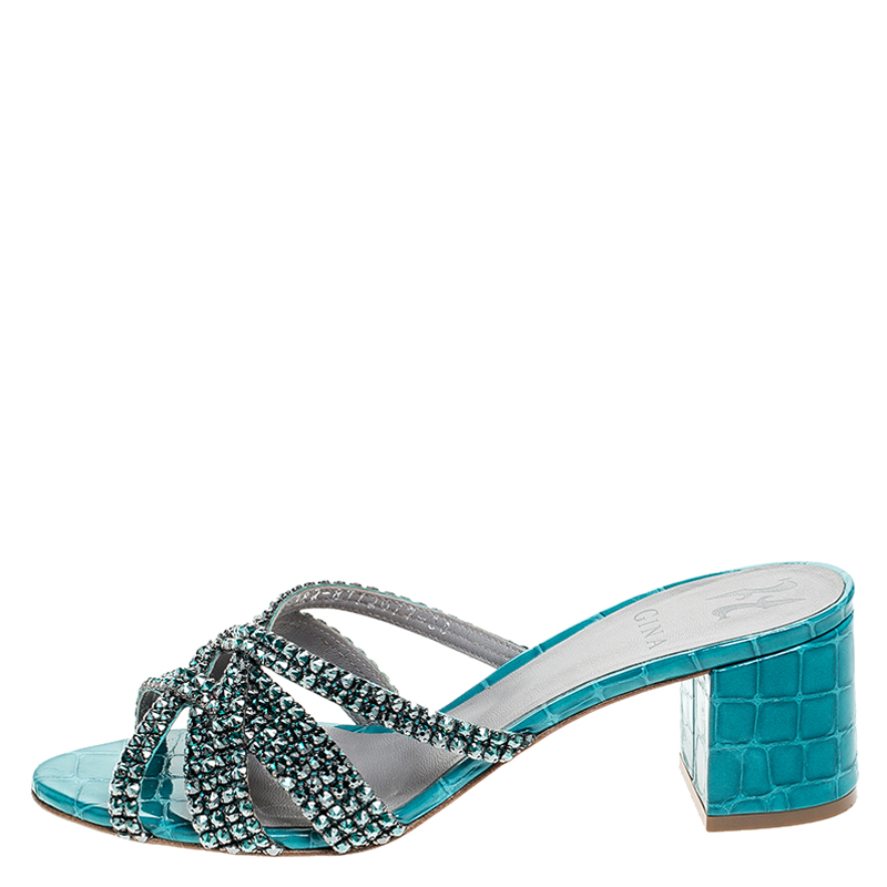 

Gina Teal Crystal Embellished Leather Dexie Sandals Size, Green